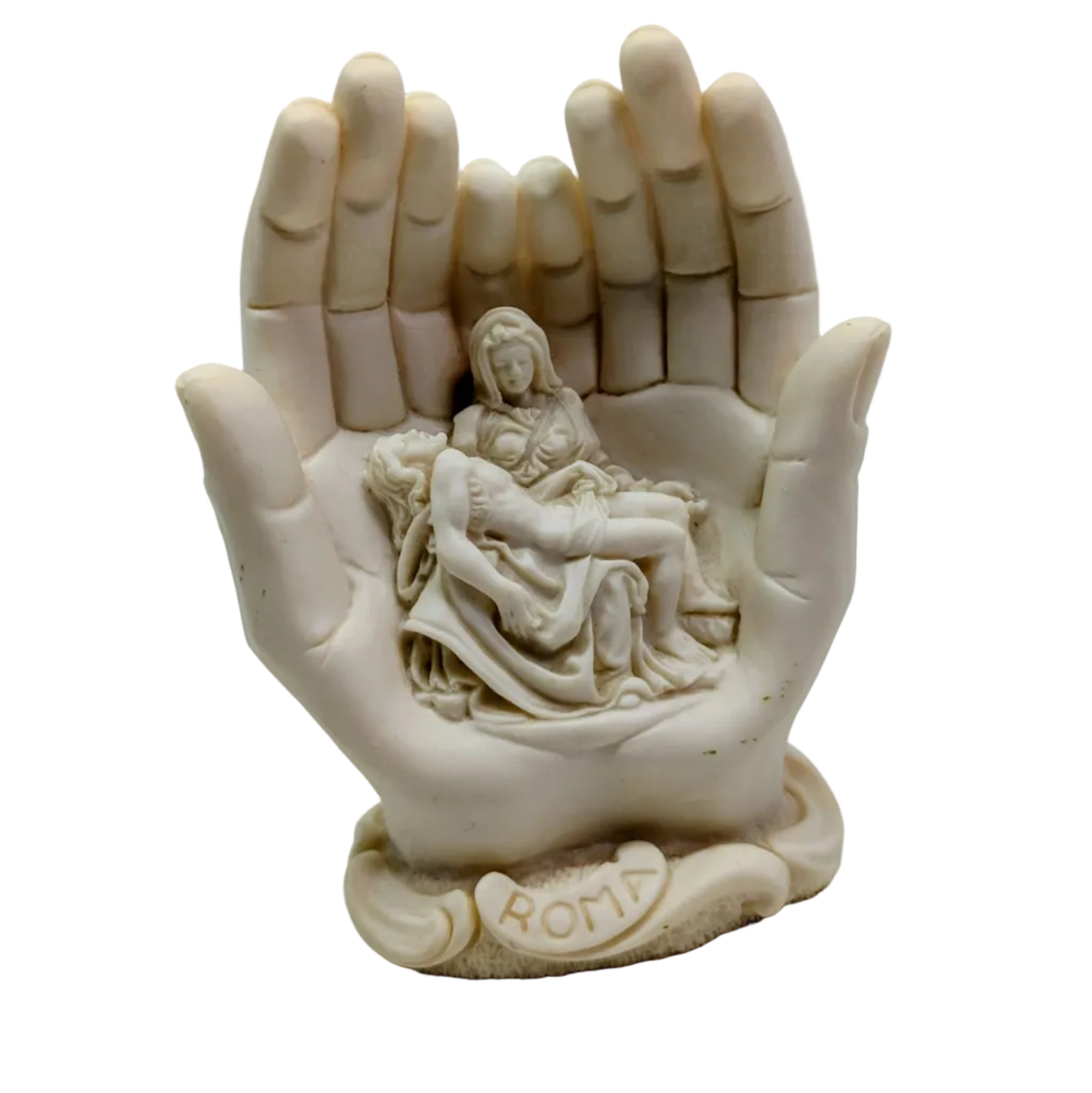 Decorative sculpture of a hand holding a religious scene with 'Roma' at the base on a white background