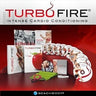 TurboFire Intense Cardio Conditioning DVD set with instruction book, guidebook, apple-shaped box, DVD discs, and a green sweatband on a red background. Beachbody logo is visible at the bottom.