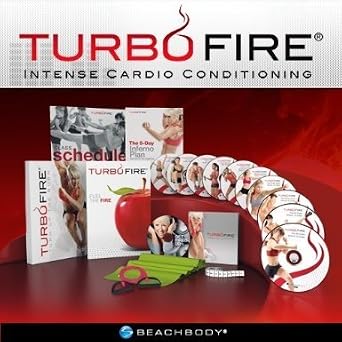 TurboFire Intense Cardio Conditioning DVD set with instruction book, guidebook, apple-shaped box, DVD discs, and a green sweatband on a red background. Beachbody logo is visible at the bottom.