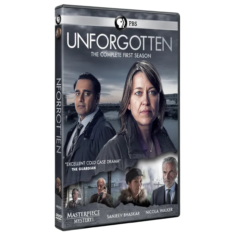 PBS television series DVD cover for "Unforgotten: The Complete First Season," featuring cast portraits and the title at the top.
