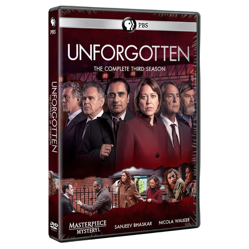 PBS broadcast television series DVD cover for 'Unforgotten: The Complete Third Season', featuring cast members including Sanjeev Bhaskar and Nicola Walker, with the PBS logo at the top.