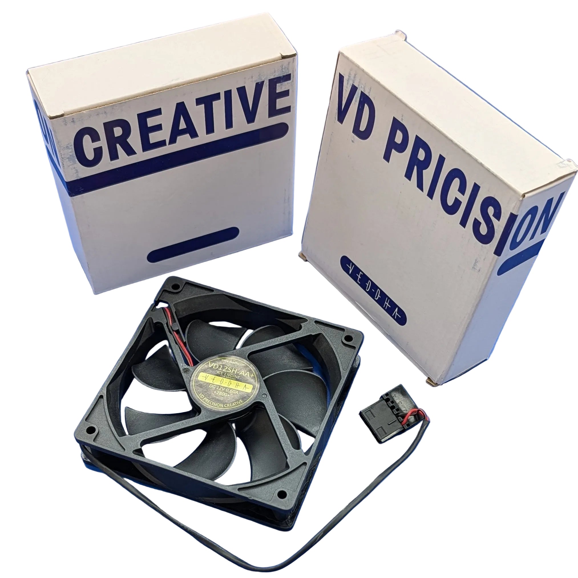 Fan and electronic components on a white background with 'Creative' and 'VD Precision' boxes.