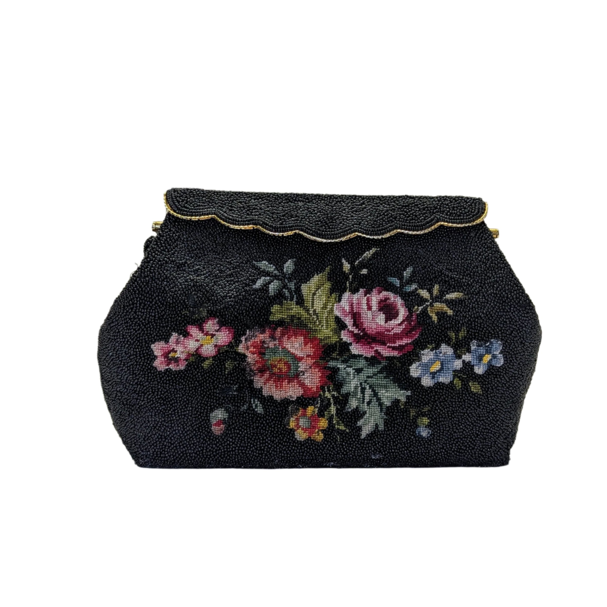 Black beaded handbag with floral embroidery on a white background