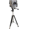 A vintage medium format camera, mounted on a tripod