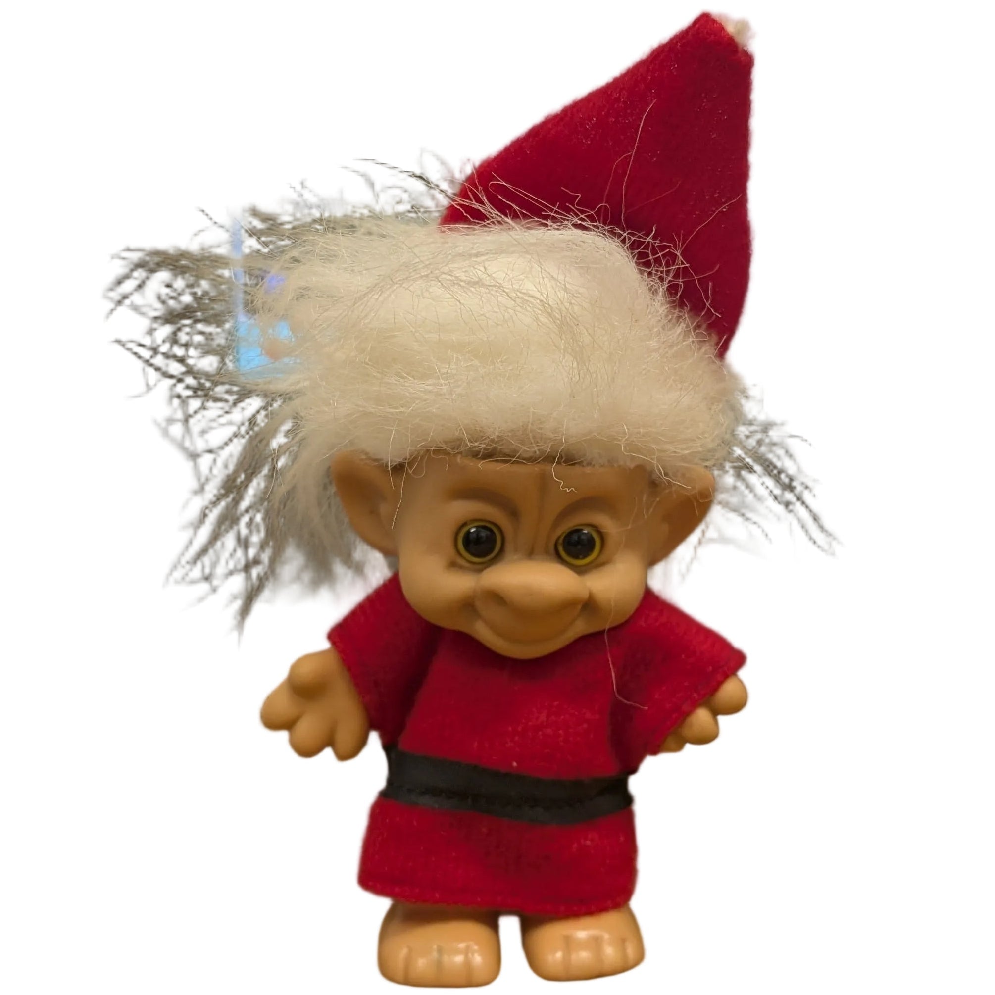 A small Santa Claus troll figurine with a red hat and red outfit standing on a white background.