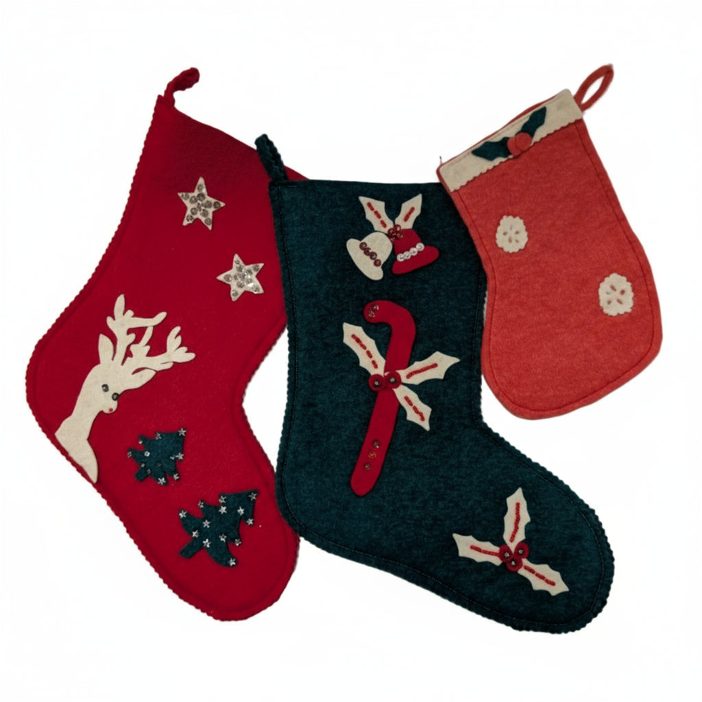 Vintage Felt Sequin Embroidered Christmas Stockings Set of 3 - 1950s
