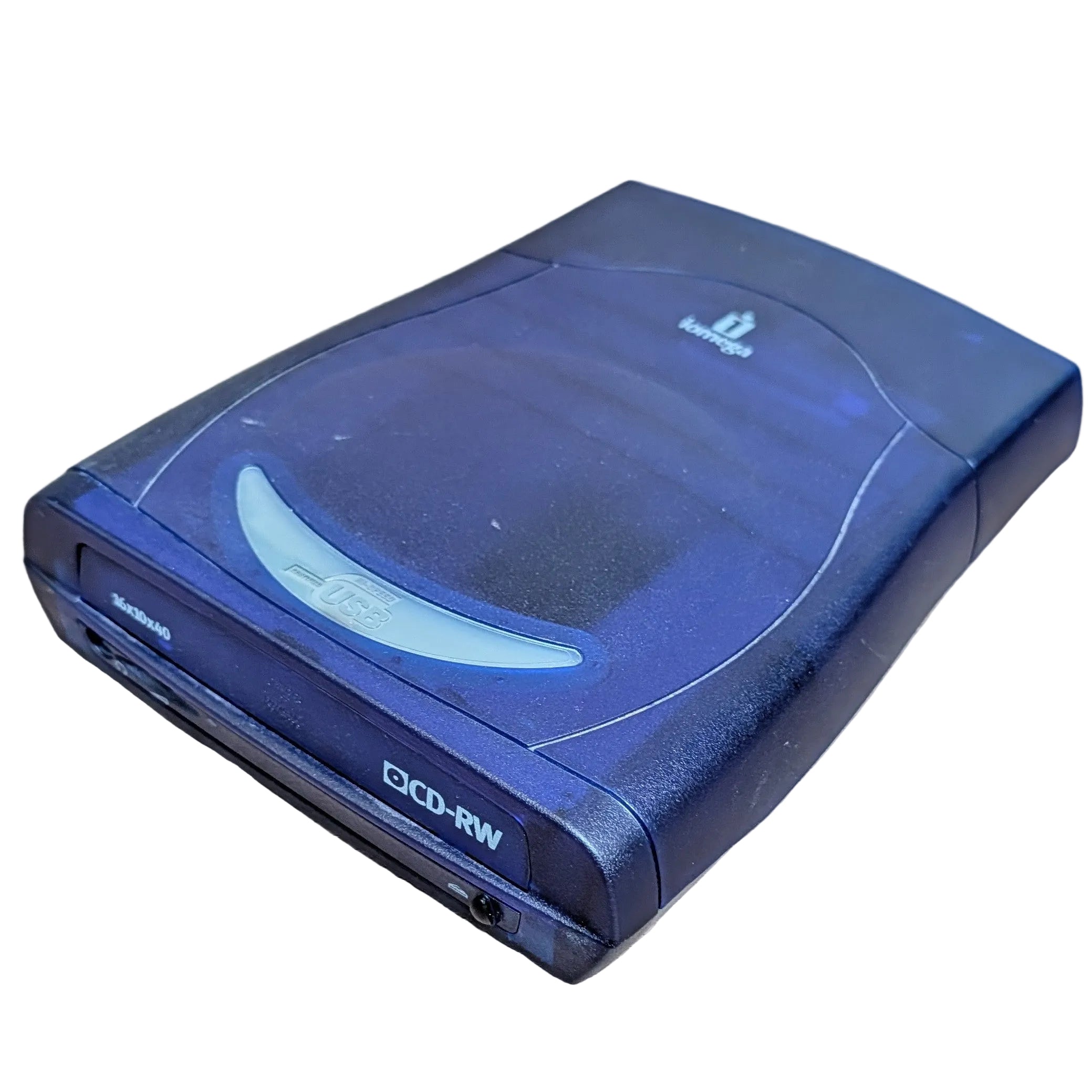 Blue CD-RW drive on a white surface