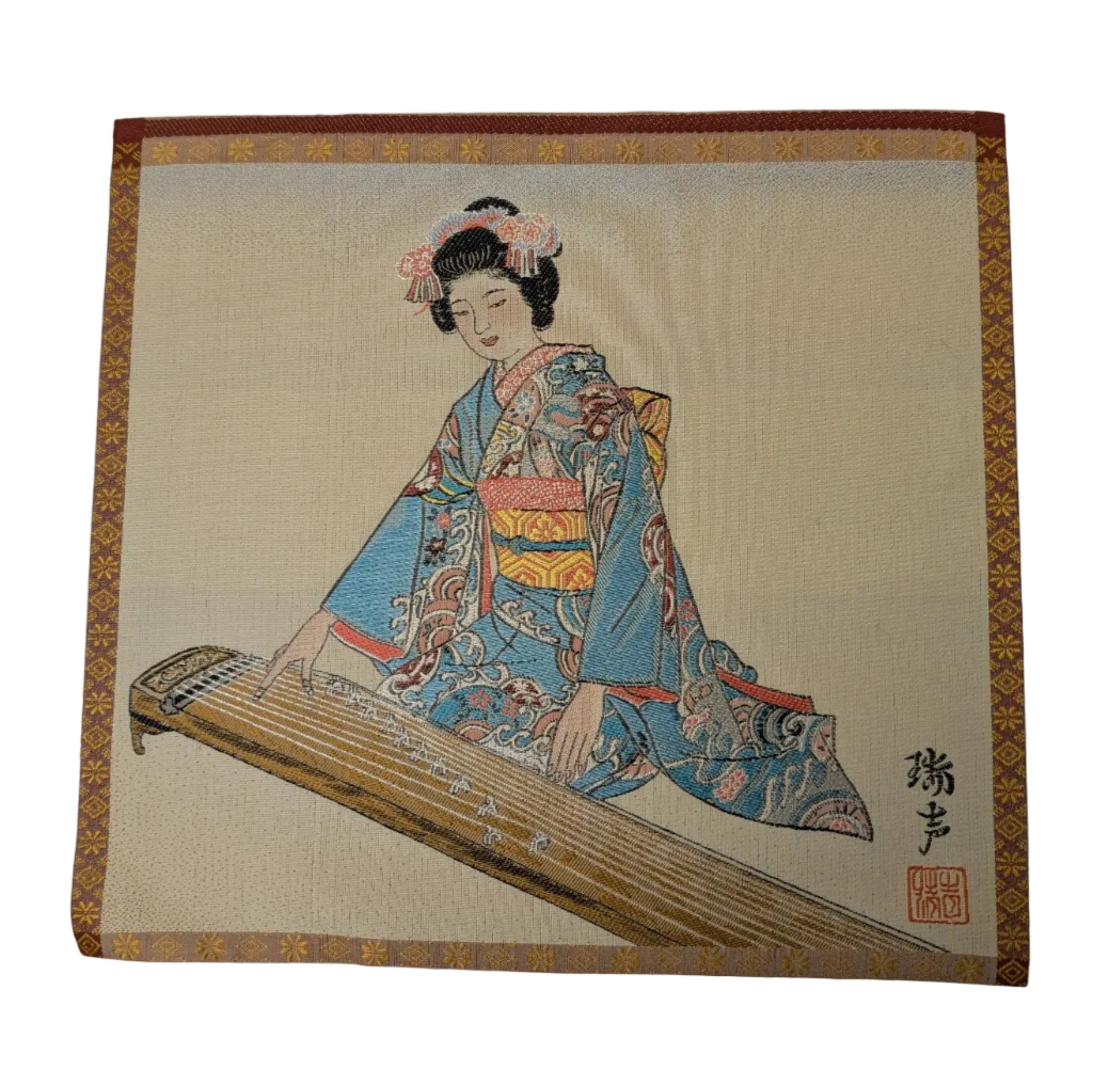 Vintage Japanese Woven Silk Art Panel – Woman Playing Koto
