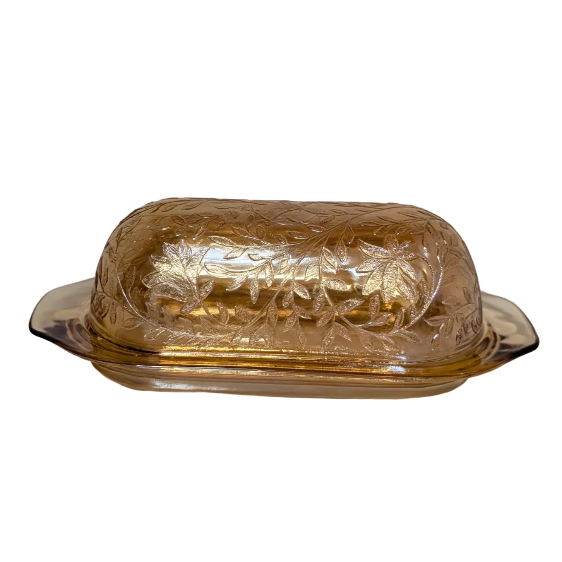 Vintage Jeanette Glass Floragold Iridescent Butter Dish
