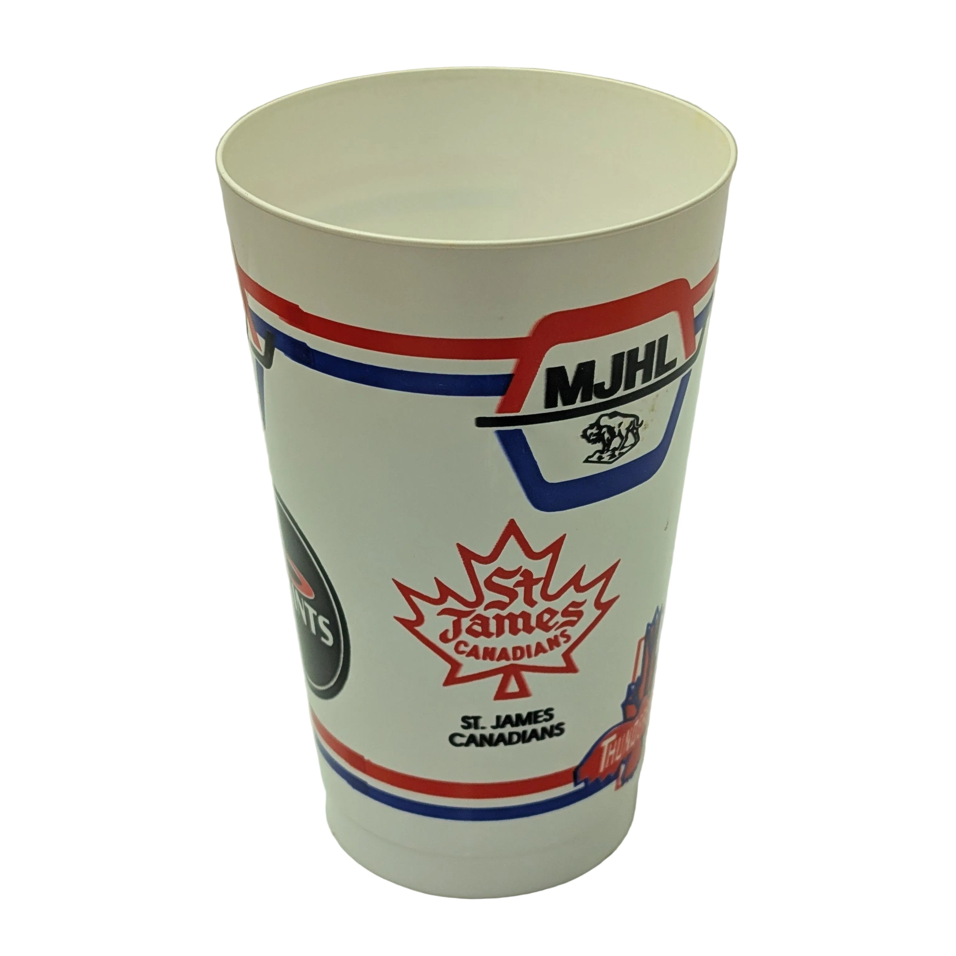 White cup with sports team logos and text on a white background