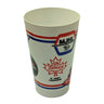 White cup with sports team logos and text on a white background