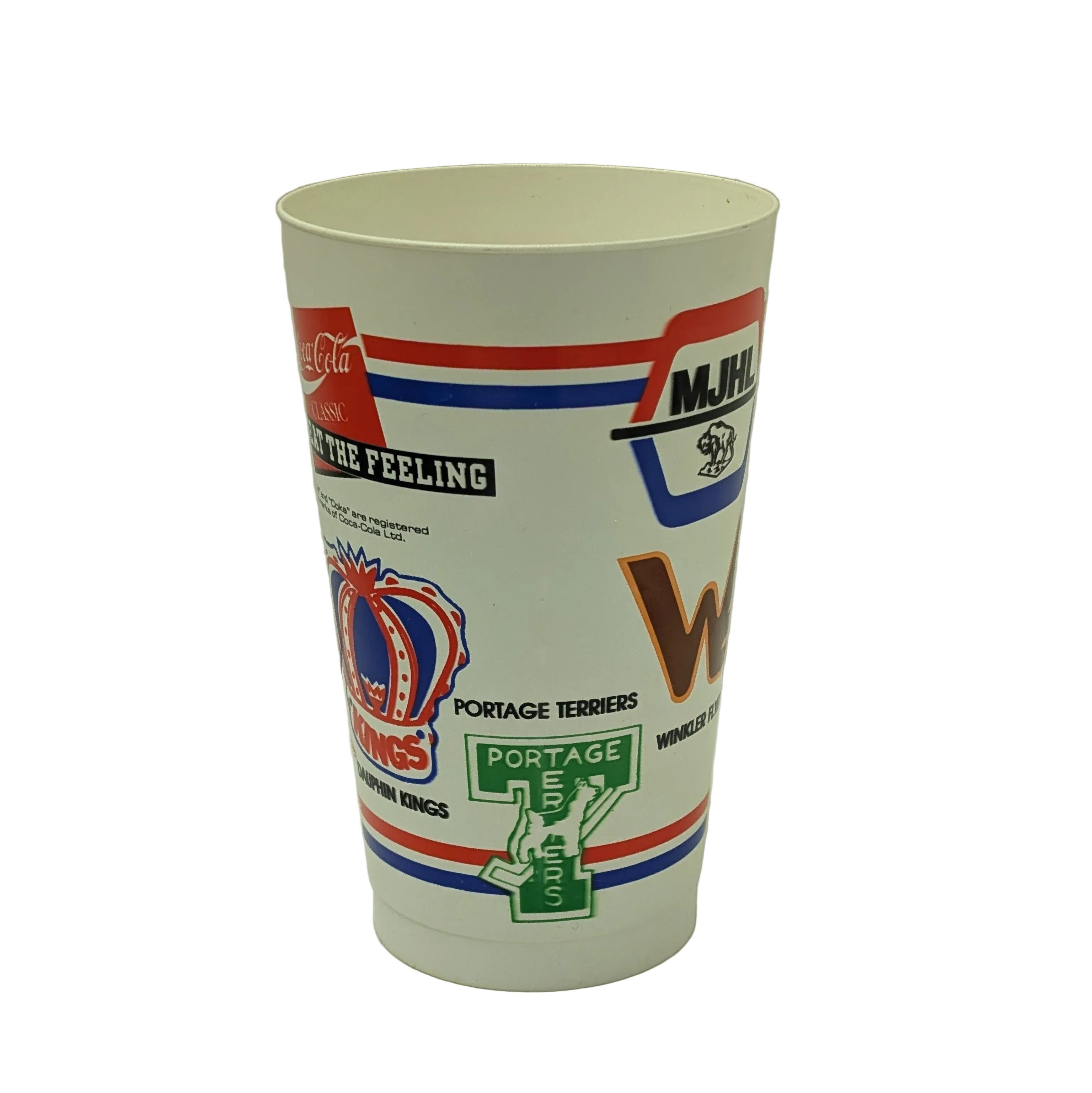 White cup with various logos and text on a white background