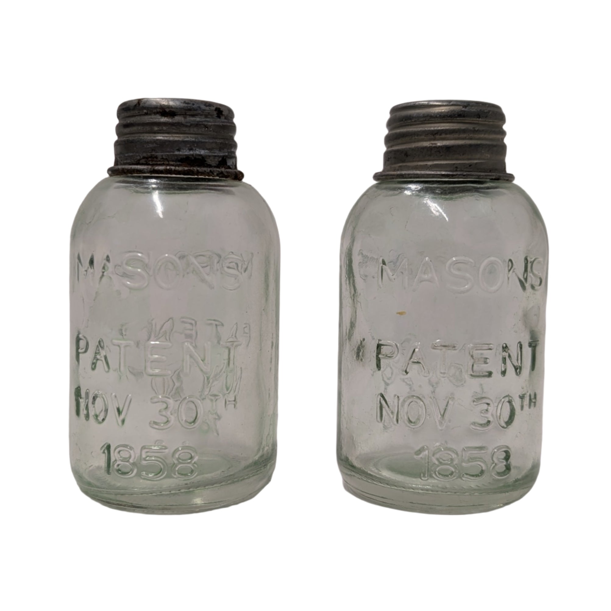 Vintage Masons Patent Nov 30th 1858 Glass Salt & Pepper Shakers