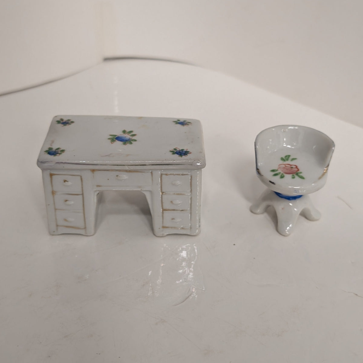Vintage Porcelain Miniature Desk and Chair
