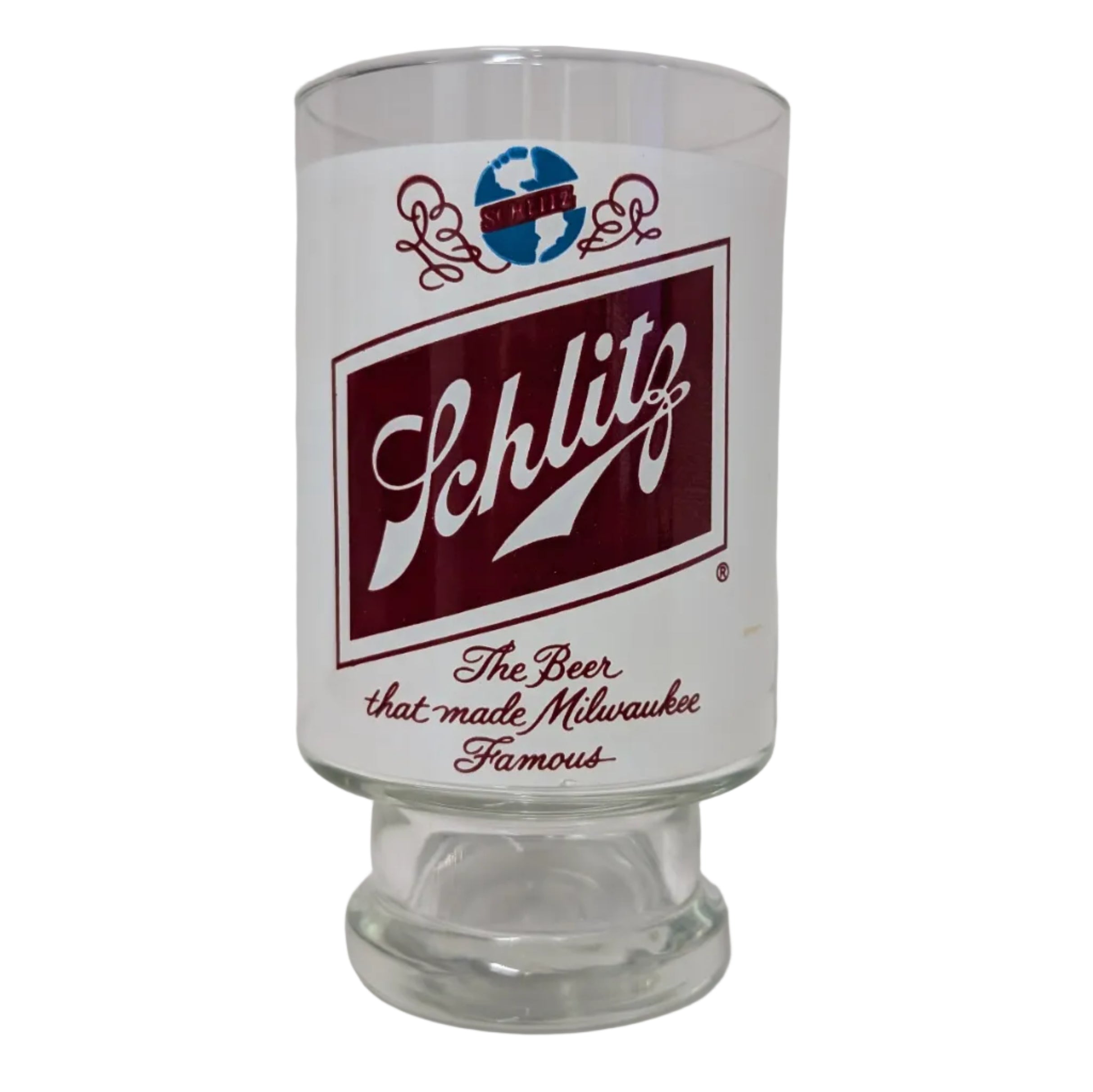 Vintage Schlitz 32oz pedestal beer glass "The Beer That Made Milwaukee Famous"
