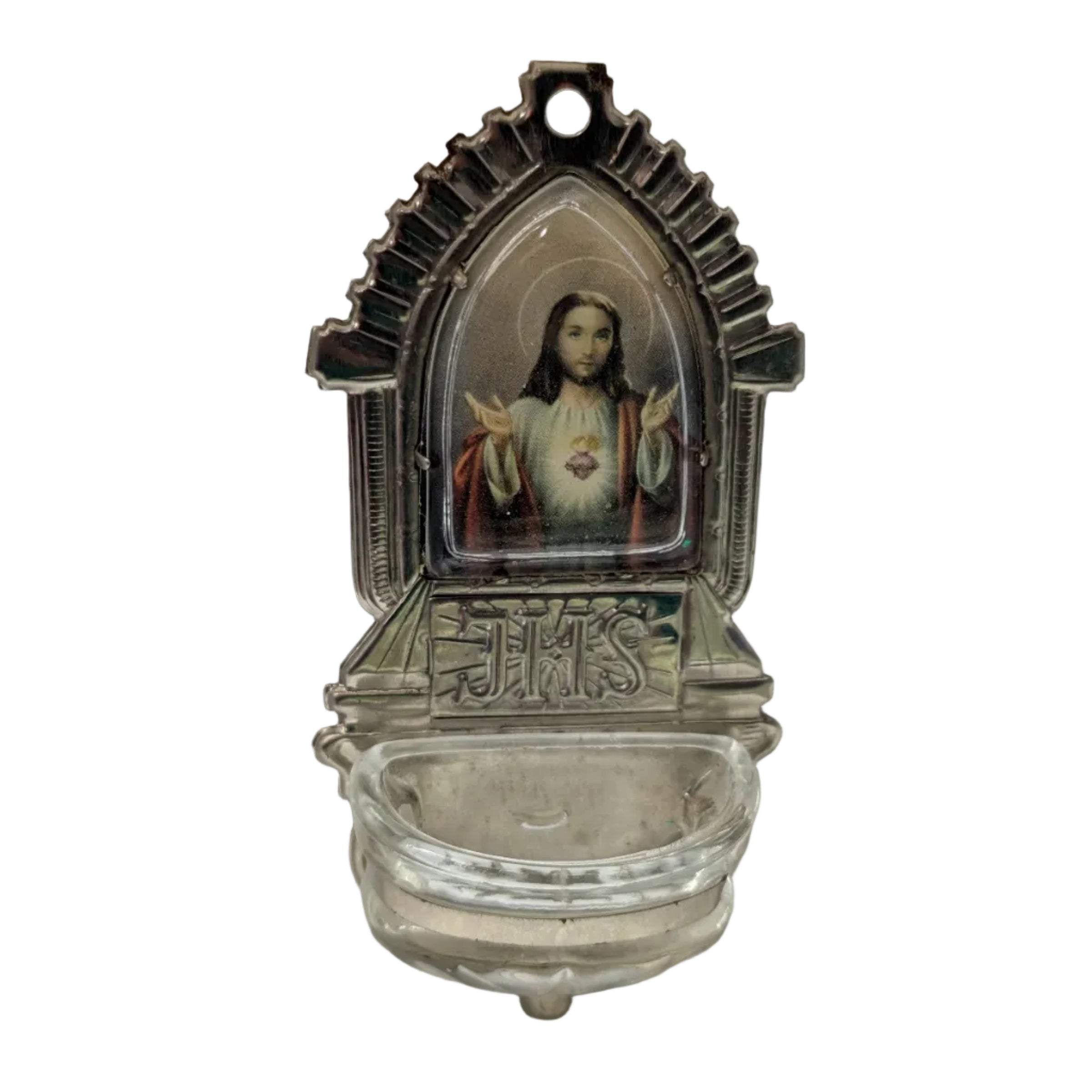 Vintage Stamped Tin Metal and Glass Holy Water Font