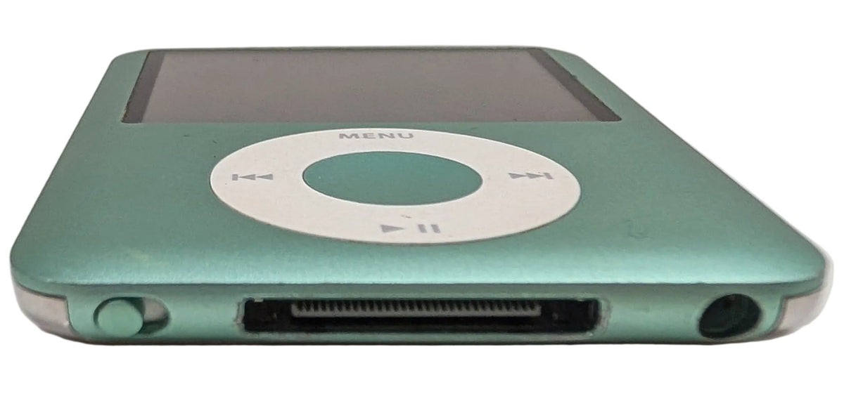 A mint green iPod Classic Mini with a white click wheel and dark screen, shown from a side angle on a white background.