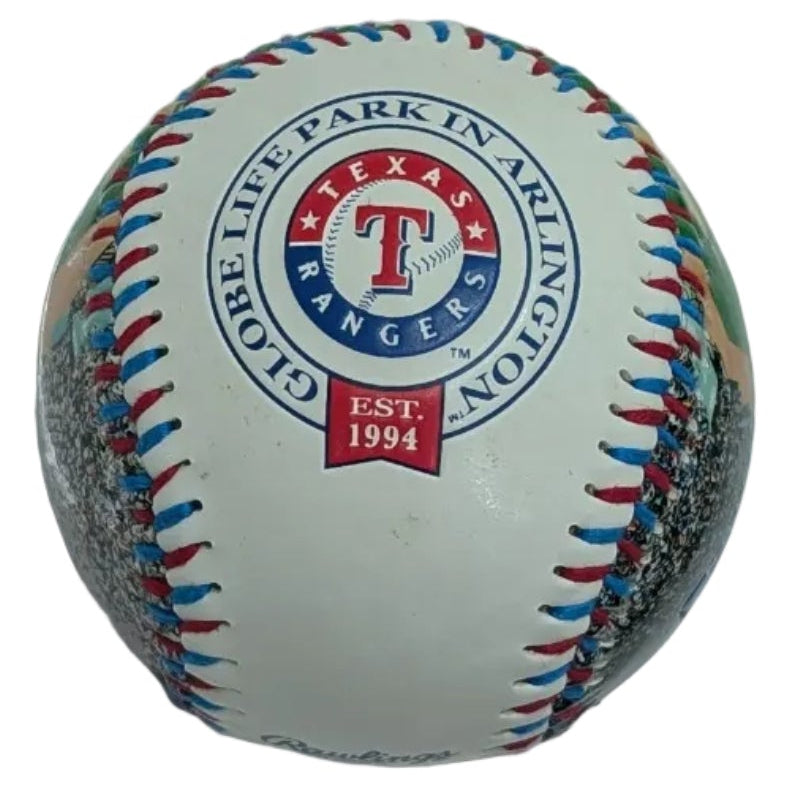 Baseball with a logo on a white surface