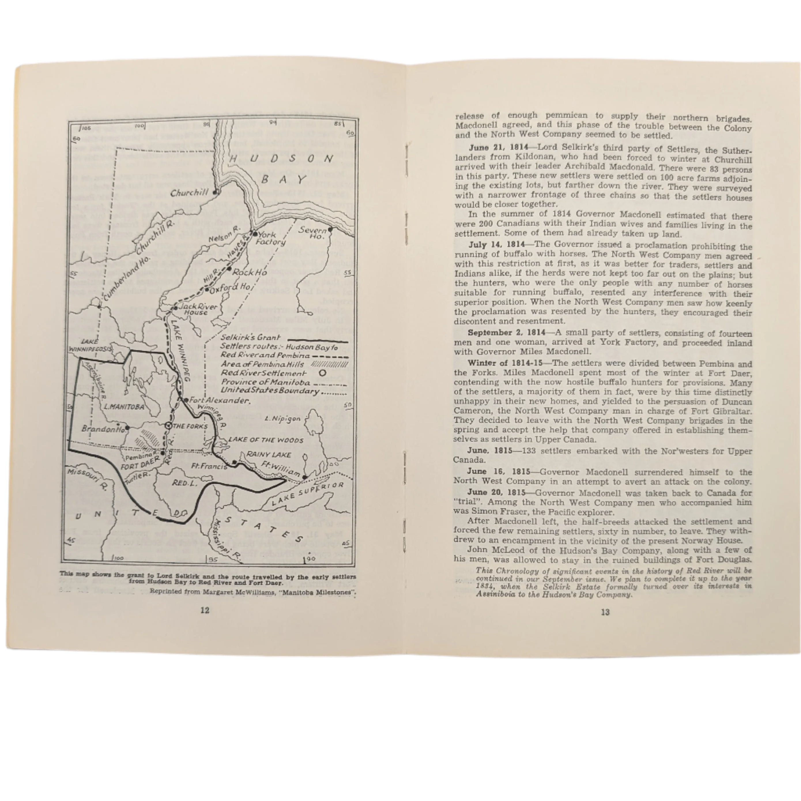 Open book with a map on the left page and text on the right page.