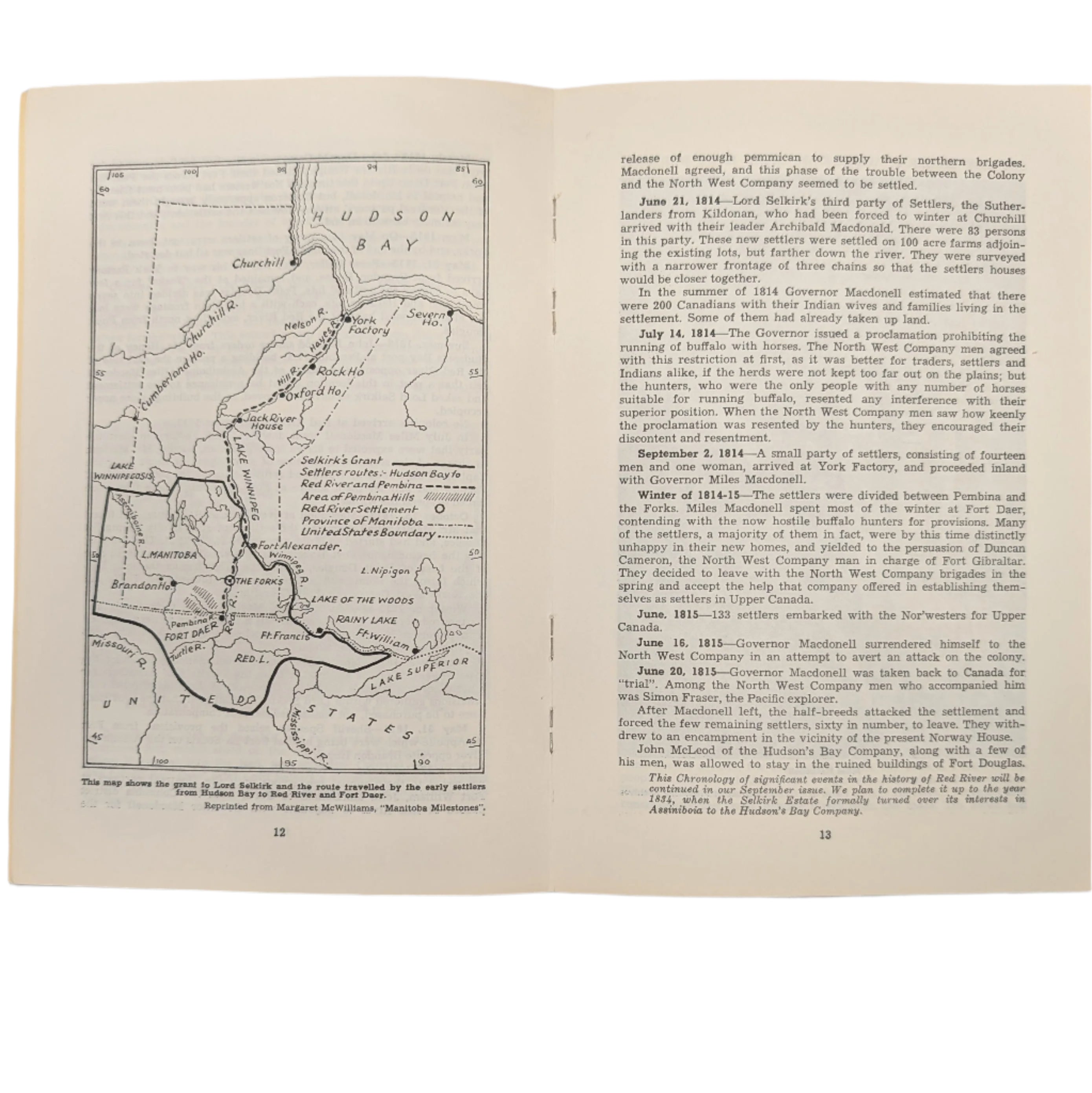 Open book with a map on the left page and text on the right page.