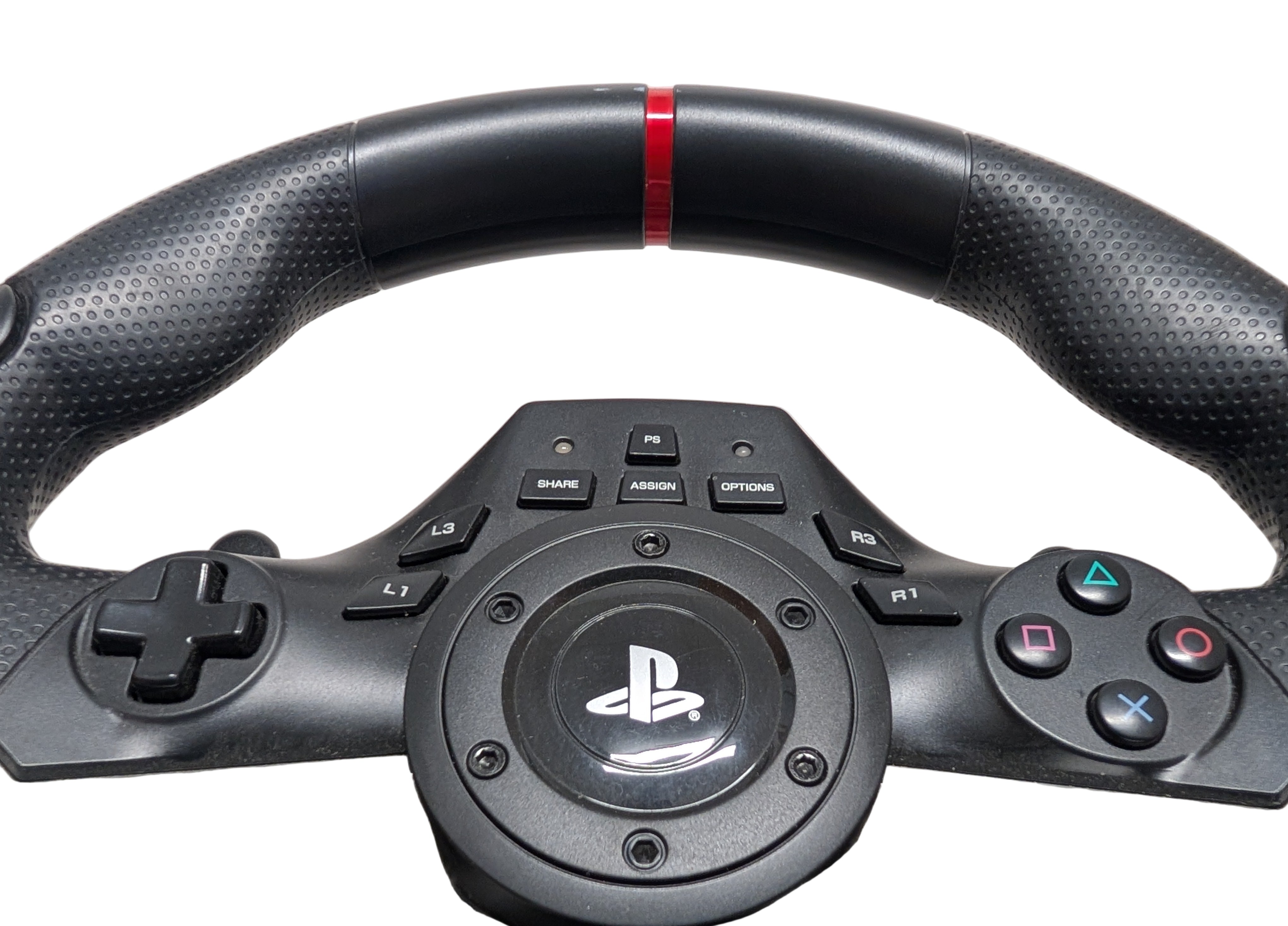 Close-up of a steering wheel controller with PlayStation logo on a light background