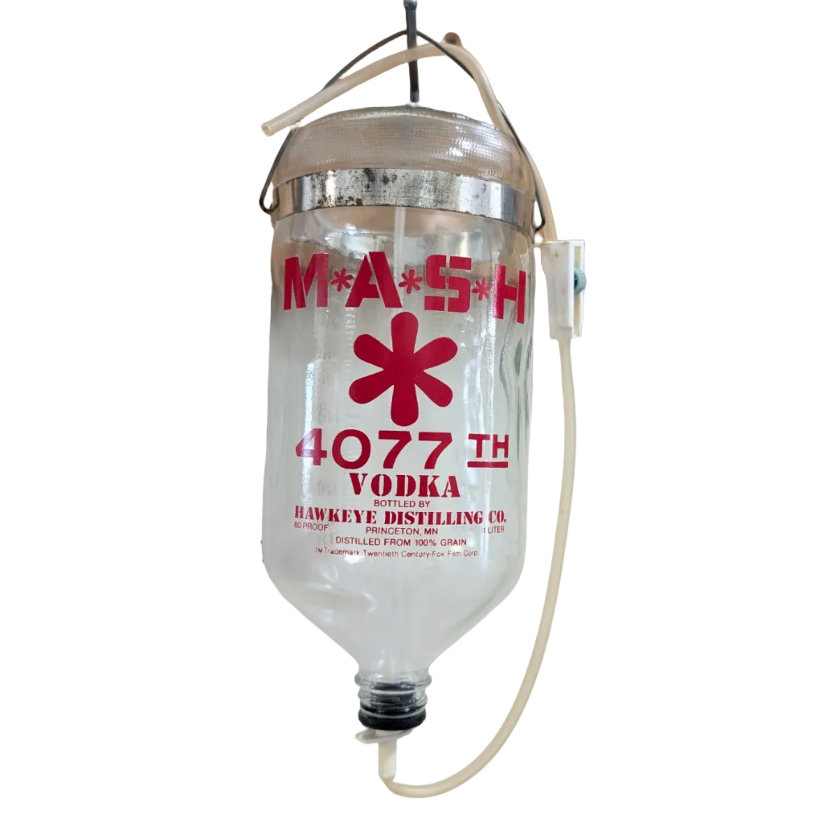 M*A*S*H themed vodka bottle with IV bag on a neutral background