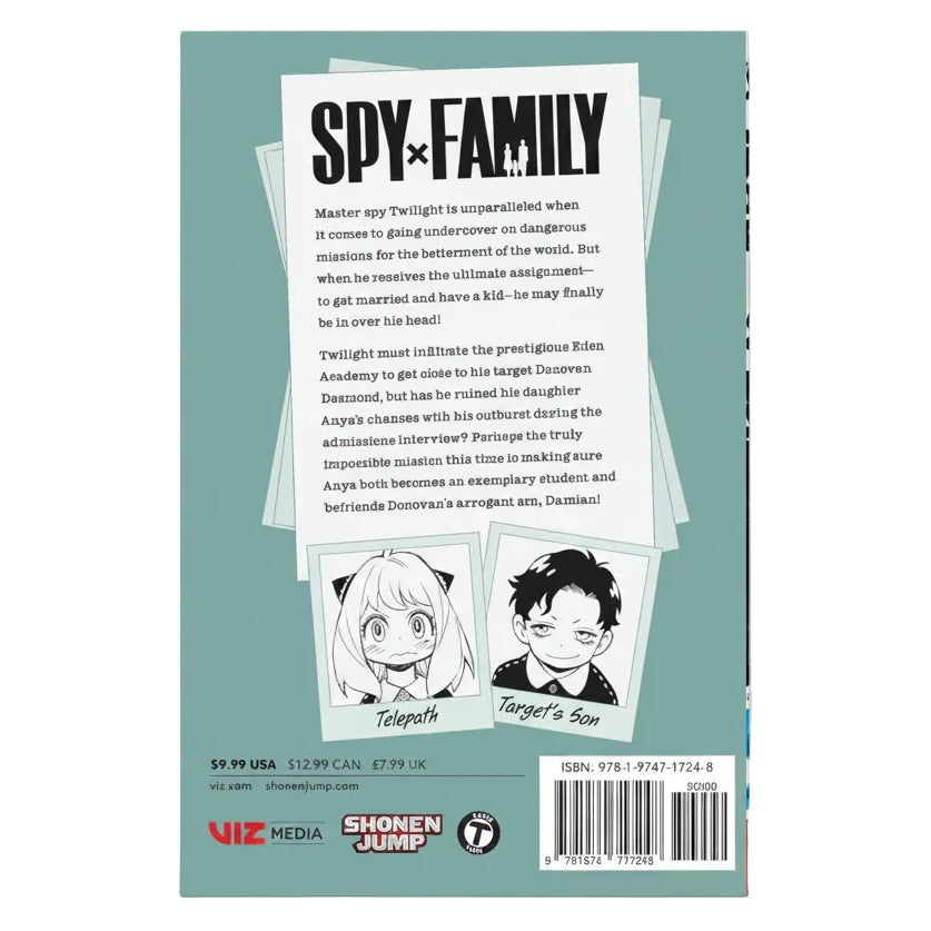 Back cover of a 'Spy x Family' book with character illustrations and text.